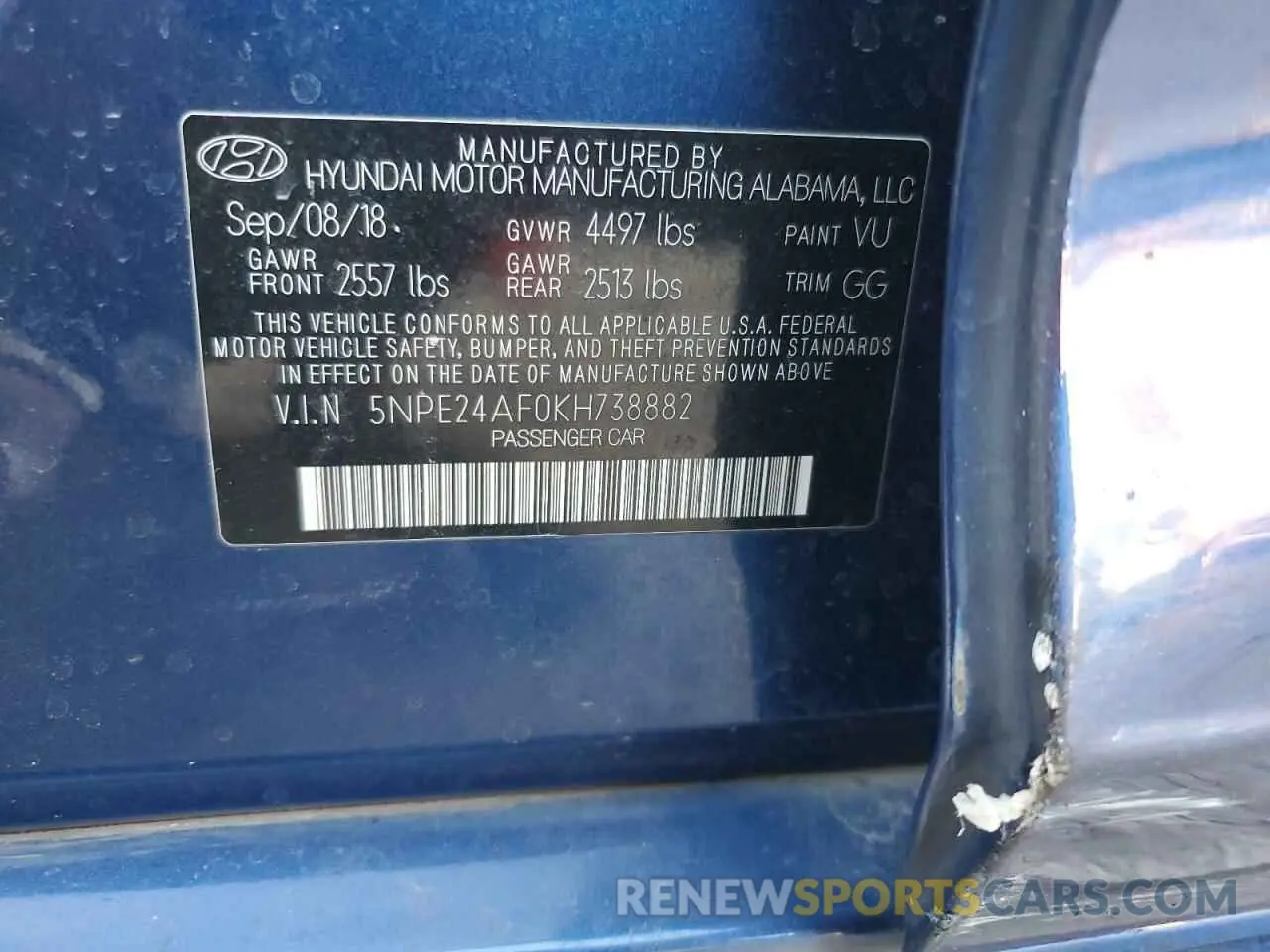12 Photograph of a damaged car 5NPE24AF0KH738882 HYUNDAI SONATA 2019