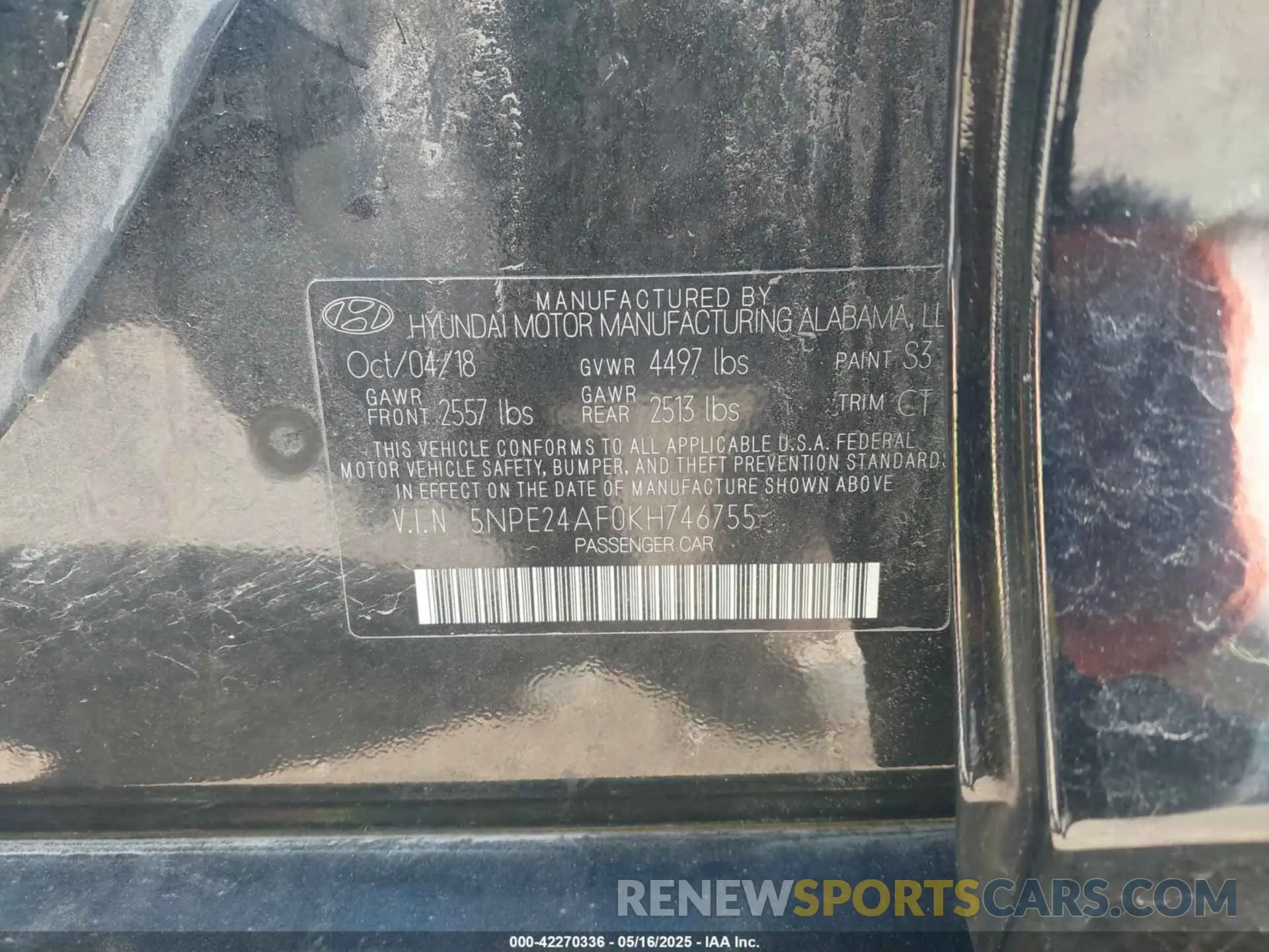 9 Photograph of a damaged car 5NPE24AF0KH746755 HYUNDAI SONATA 2019
