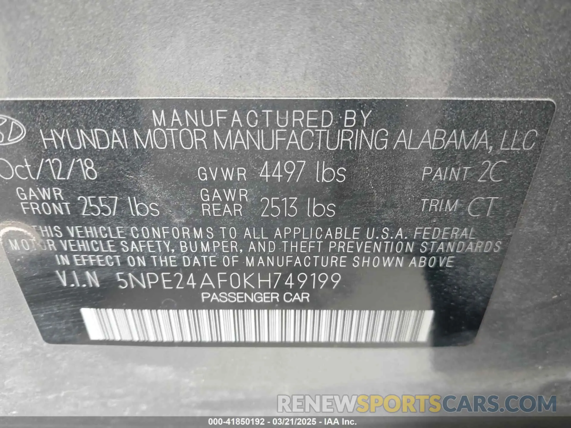 9 Photograph of a damaged car 5NPE24AF0KH749199 HYUNDAI SONATA 2019