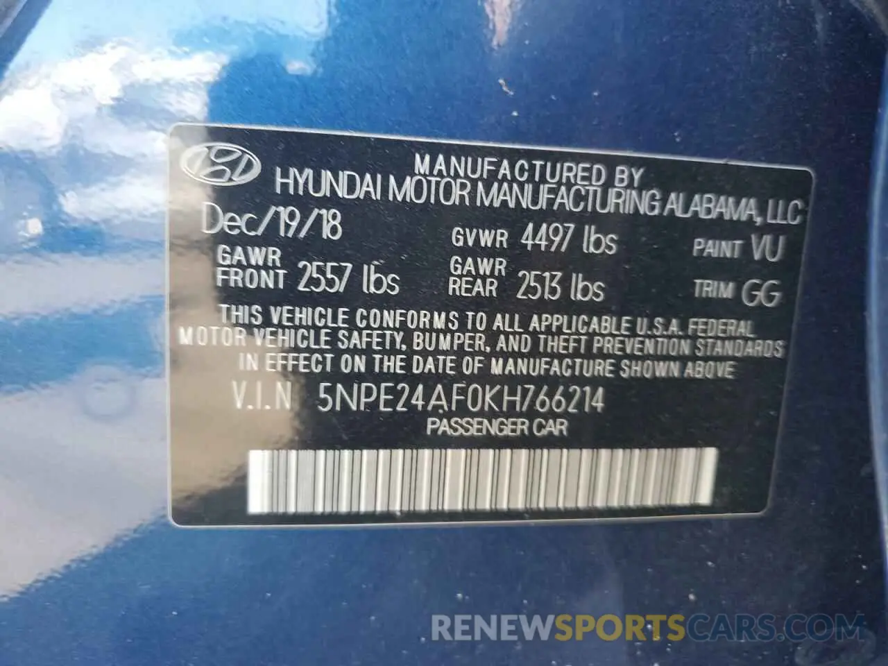 12 Photograph of a damaged car 5NPE24AF0KH766214 HYUNDAI SONATA 2019