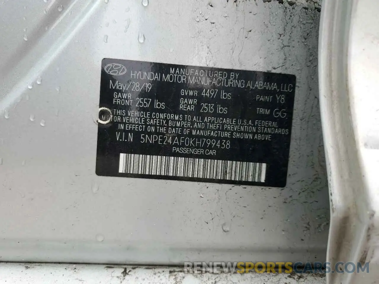 12 Photograph of a damaged car 5NPE24AF0KH799438 HYUNDAI SONATA 2019