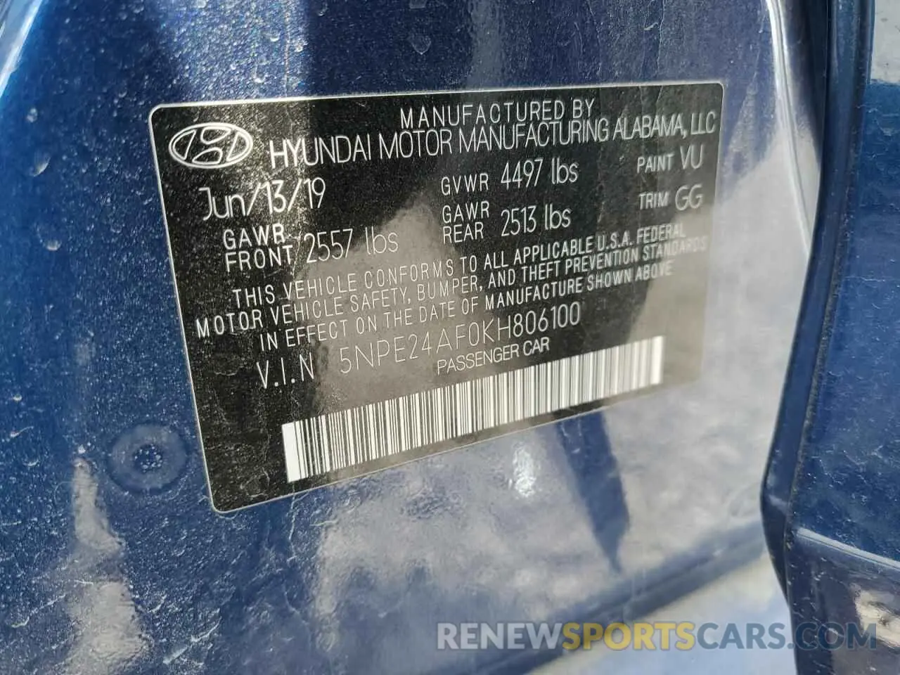 12 Photograph of a damaged car 5NPE24AF0KH806100 HYUNDAI SONATA 2019
