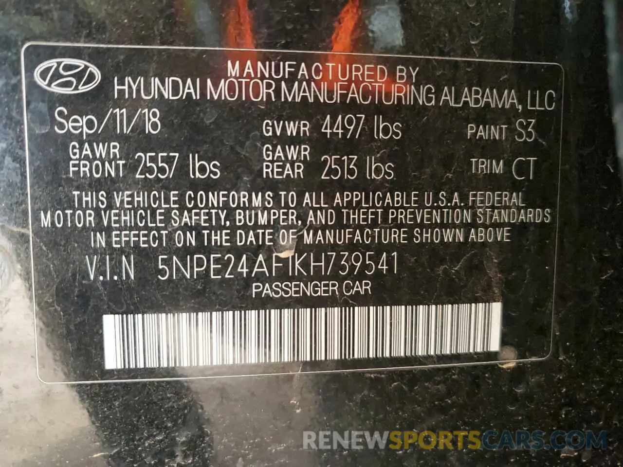 14 Photograph of a damaged car 5NPE24AF1KH739541 HYUNDAI SONATA 2019