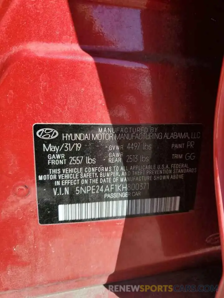 13 Photograph of a damaged car 5NPE24AF1KH800371 HYUNDAI SONATA 2019