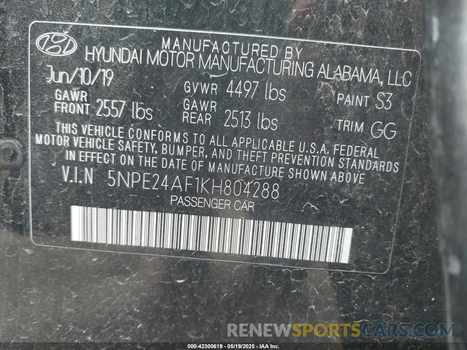 9 Photograph of a damaged car 5NPE24AF1KH804288 HYUNDAI SONATA 2019