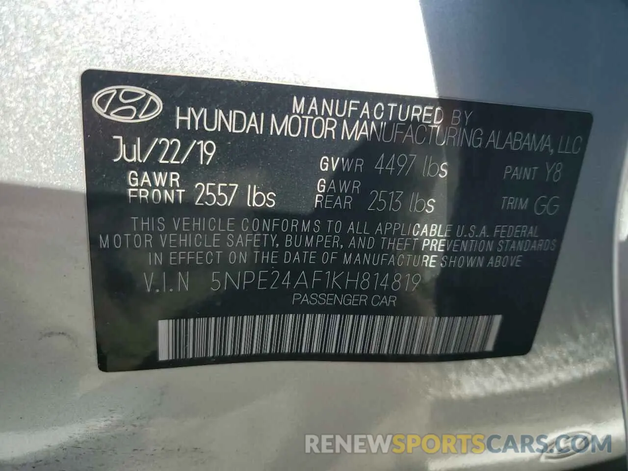 14 Photograph of a damaged car 5NPE24AF1KH814819 HYUNDAI SONATA 2019