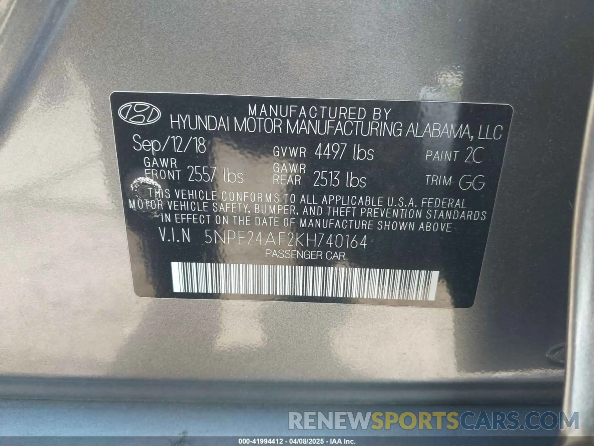 9 Photograph of a damaged car 5NPE24AF2KH740164 HYUNDAI SONATA 2019