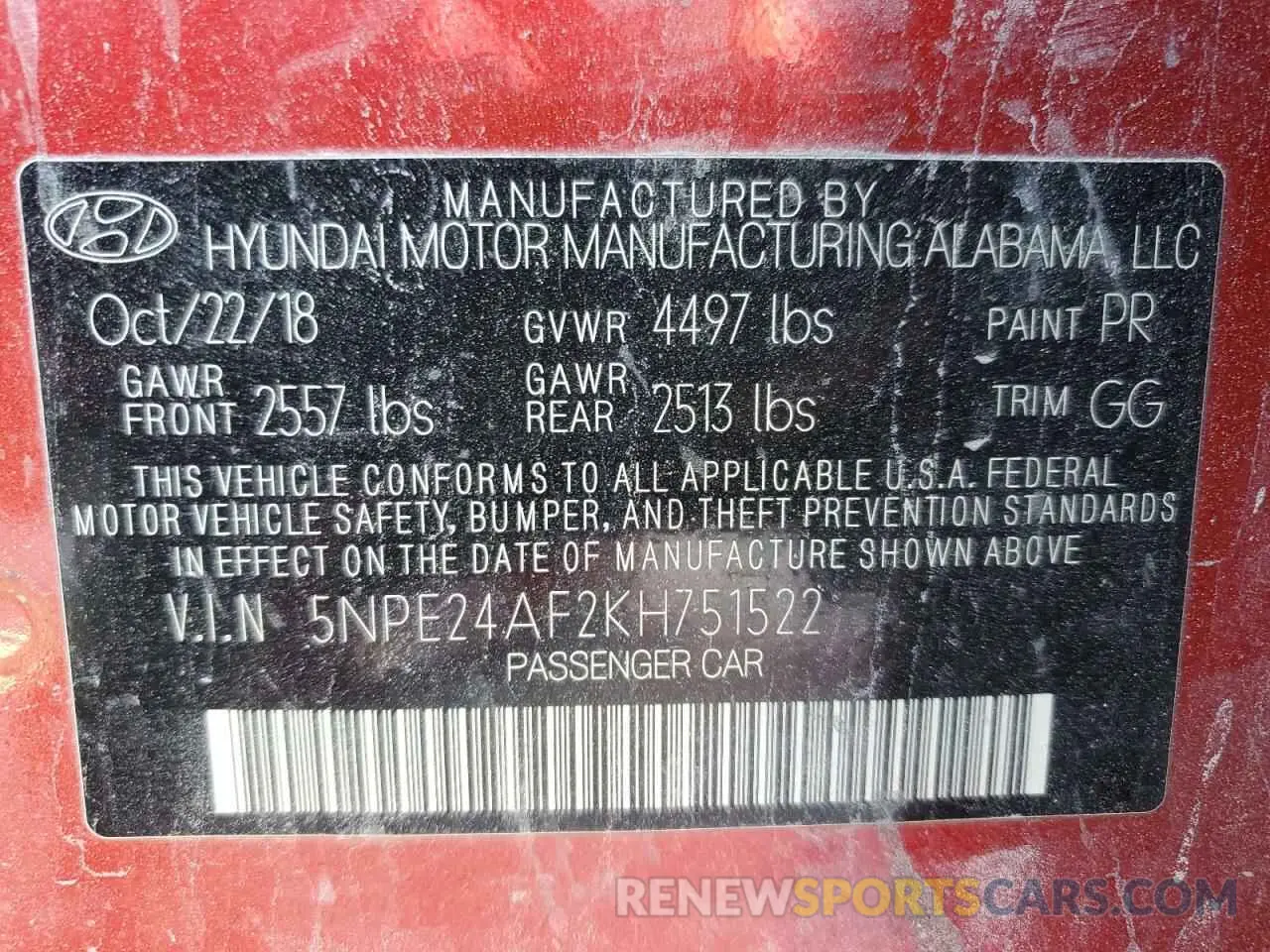 13 Photograph of a damaged car 5NPE24AF2KH751522 HYUNDAI SONATA 2019