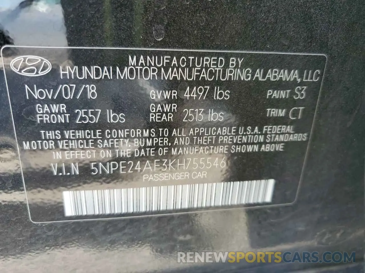 12 Photograph of a damaged car 5NPE24AF3KH755546 HYUNDAI SONATA 2019