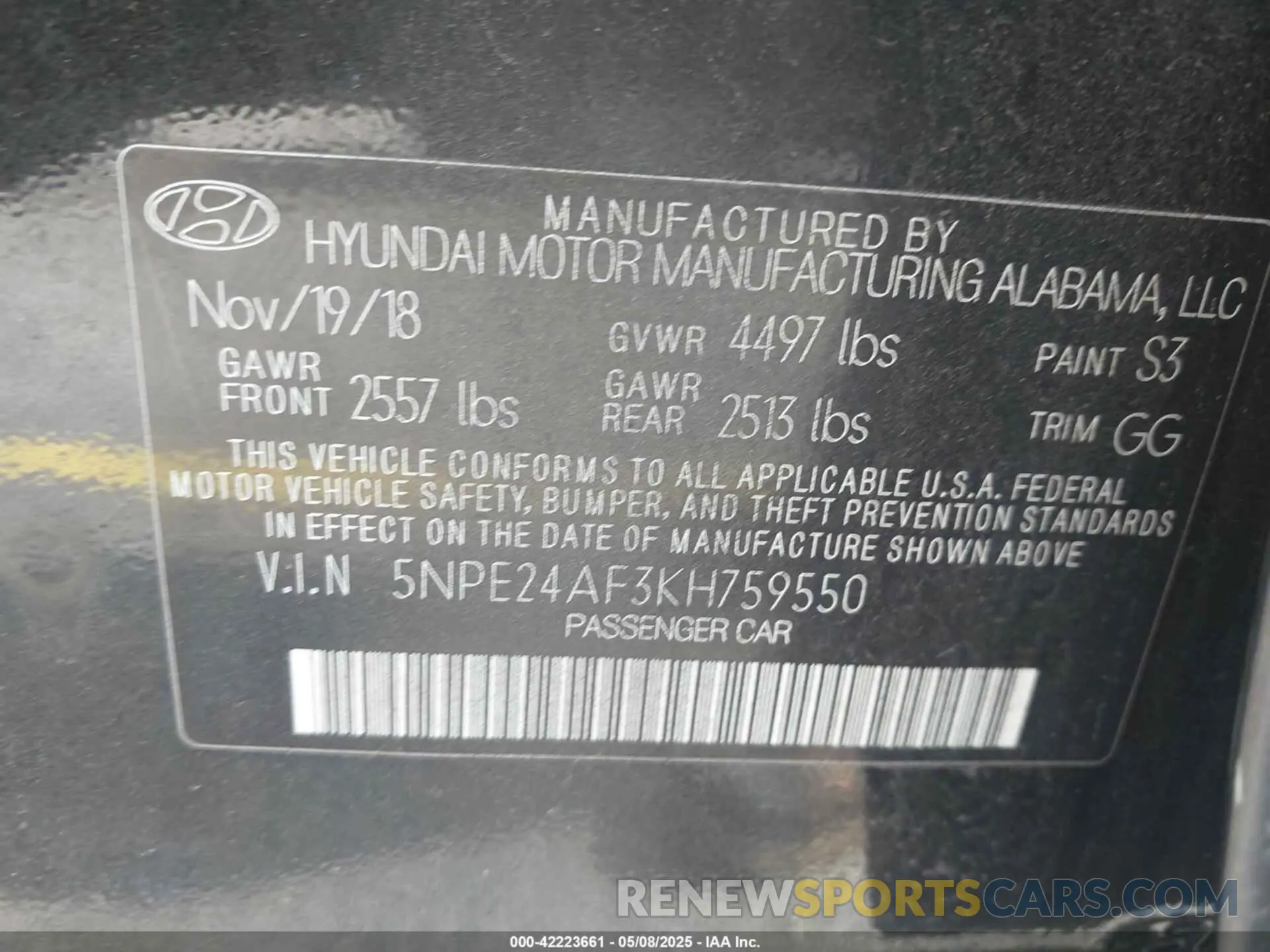9 Photograph of a damaged car 5NPE24AF3KH759550 HYUNDAI SONATA 2019