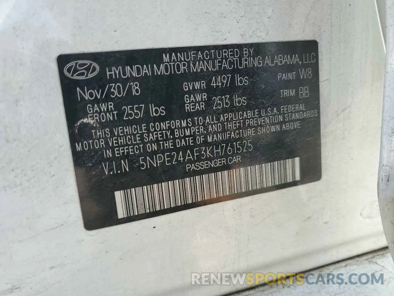 12 Photograph of a damaged car 5NPE24AF3KH761525 HYUNDAI SONATA 2019