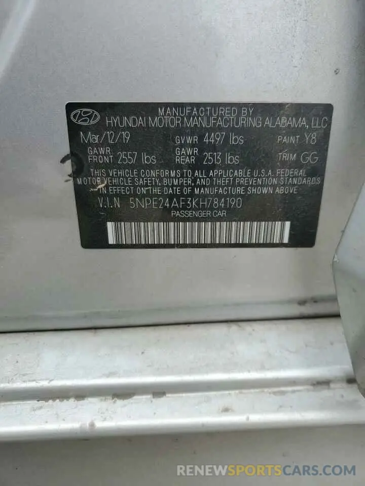 12 Photograph of a damaged car 5NPE24AF3KH784190 HYUNDAI SONATA 2019