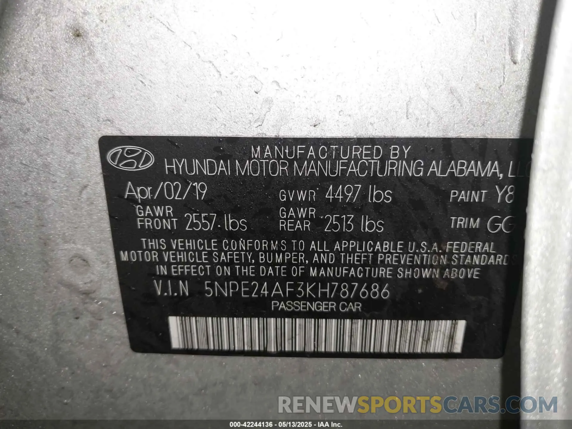 9 Photograph of a damaged car 5NPE24AF3KH787686 HYUNDAI SONATA 2019