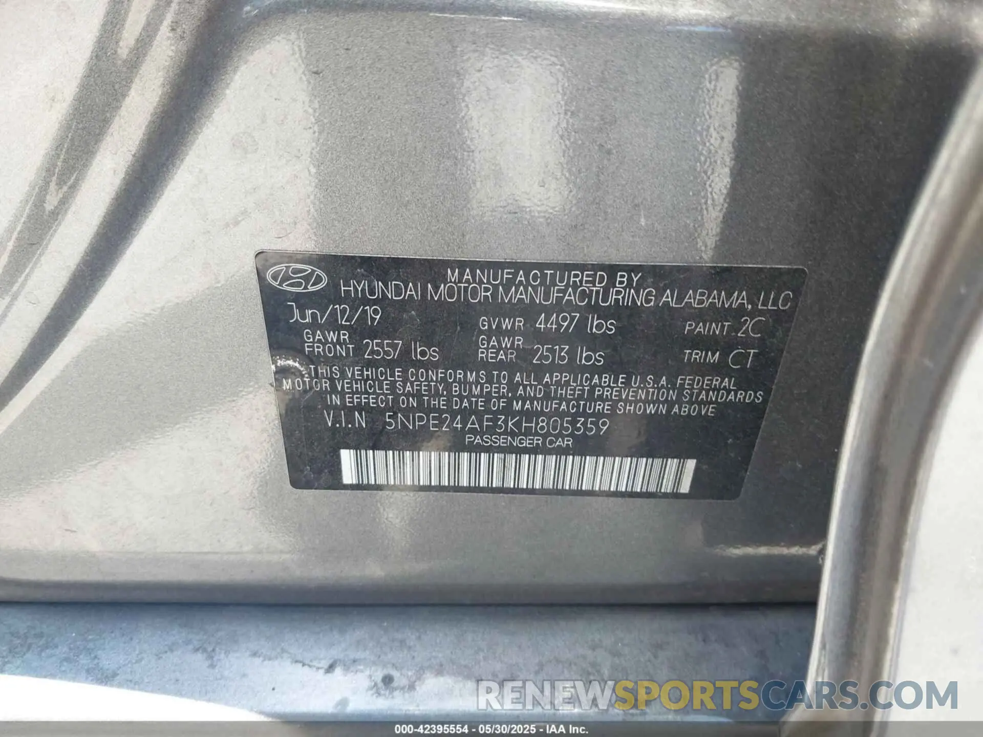 9 Photograph of a damaged car 5NPE24AF3KH805359 HYUNDAI SONATA 2019