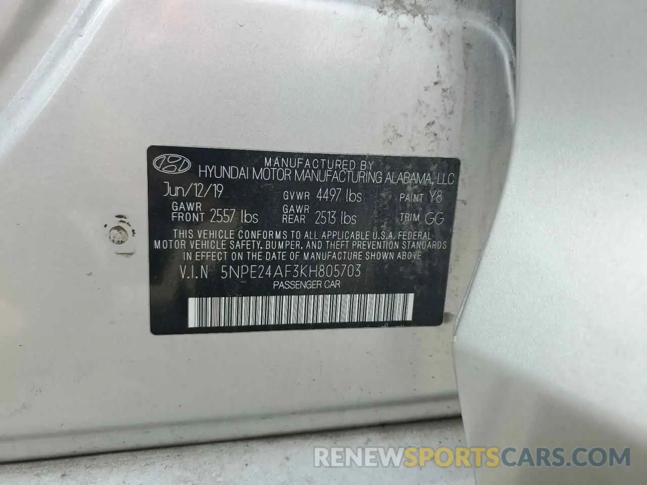 13 Photograph of a damaged car 5NPE24AF3KH805703 HYUNDAI SONATA 2019