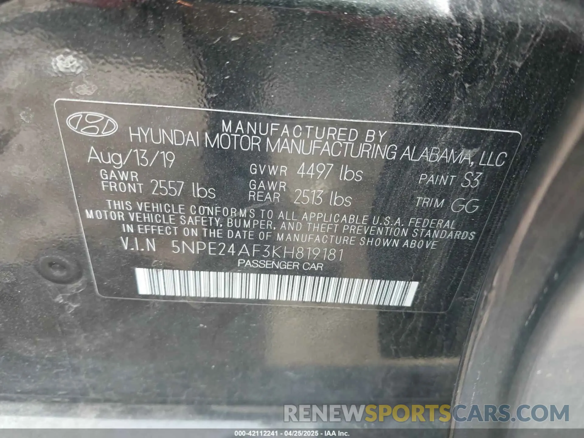 9 Photograph of a damaged car 5NPE24AF3KH819181 HYUNDAI SONATA 2019