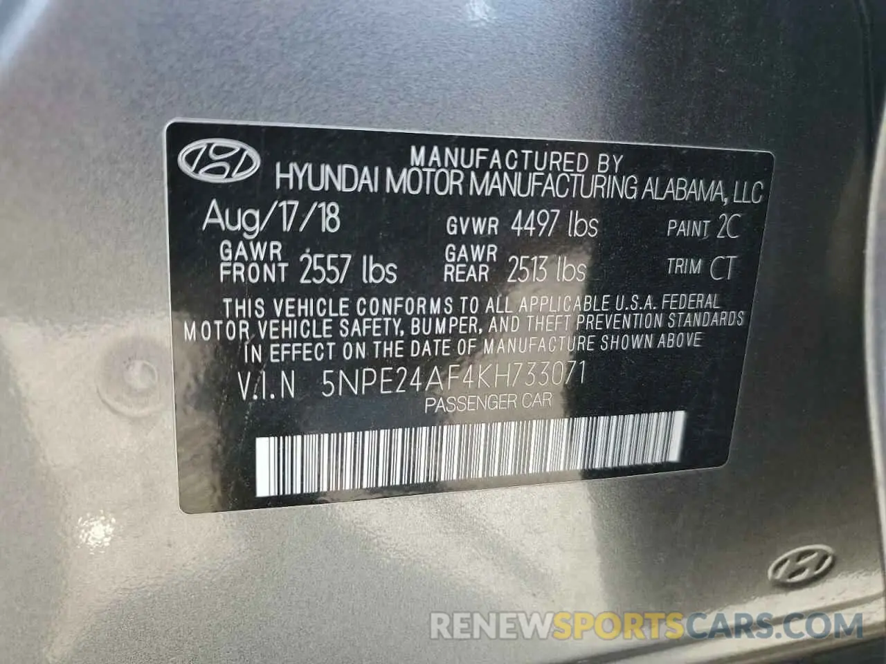 13 Photograph of a damaged car 5NPE24AF4KH733071 HYUNDAI SONATA 2019