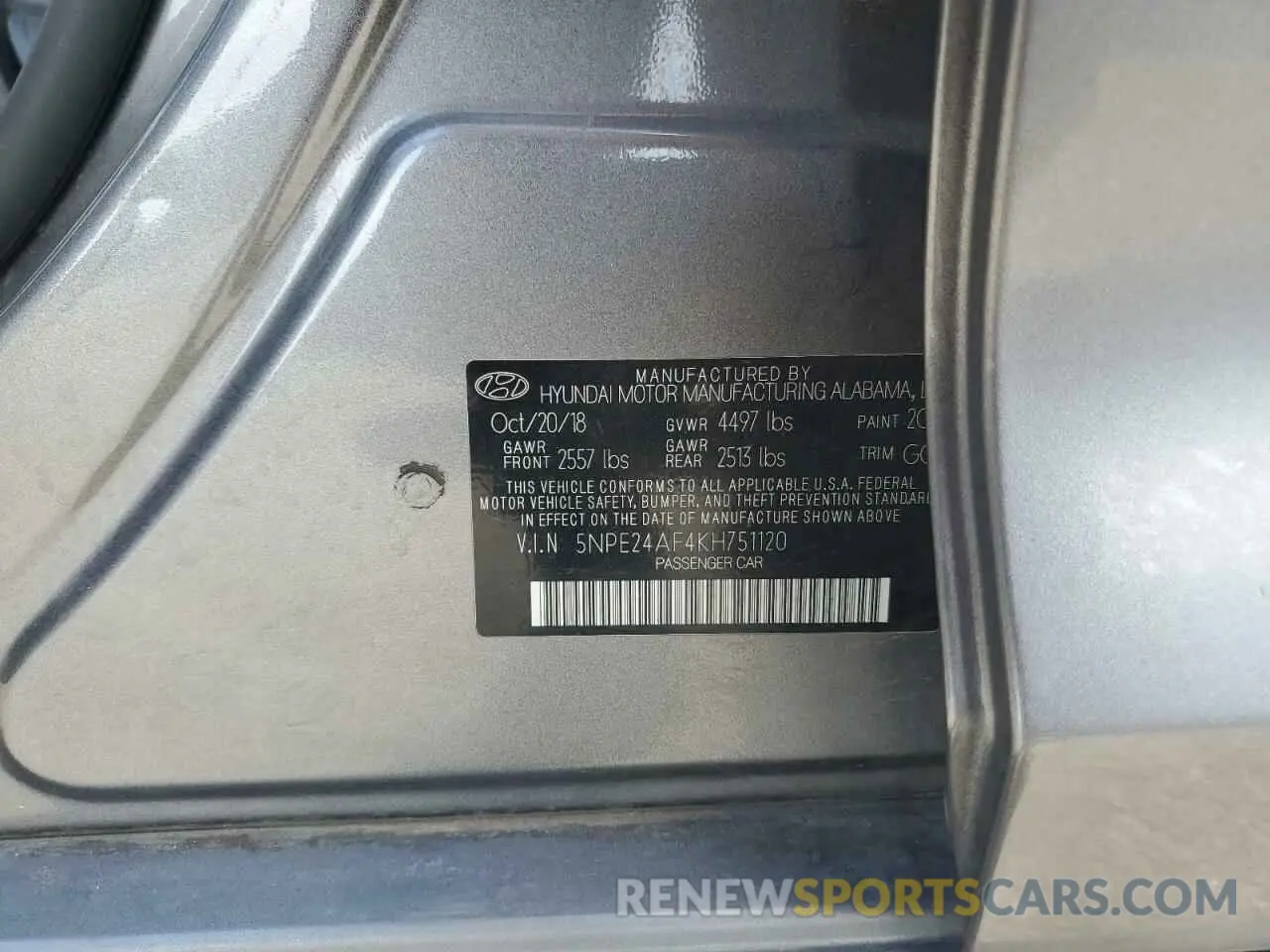 14 Photograph of a damaged car 5NPE24AF4KH751120 HYUNDAI SONATA 2019