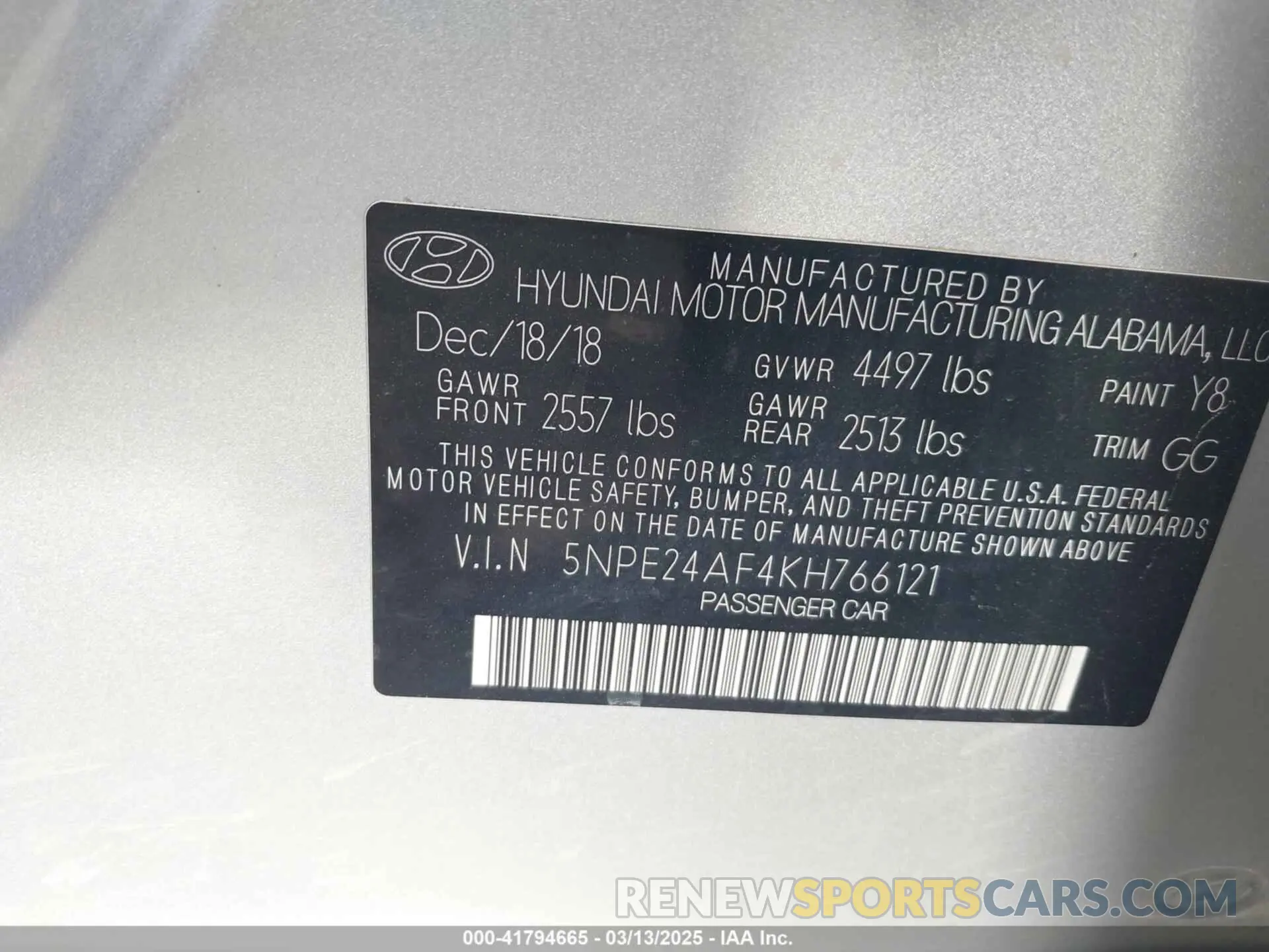 9 Photograph of a damaged car 5NPE24AF4KH766121 HYUNDAI SONATA 2019