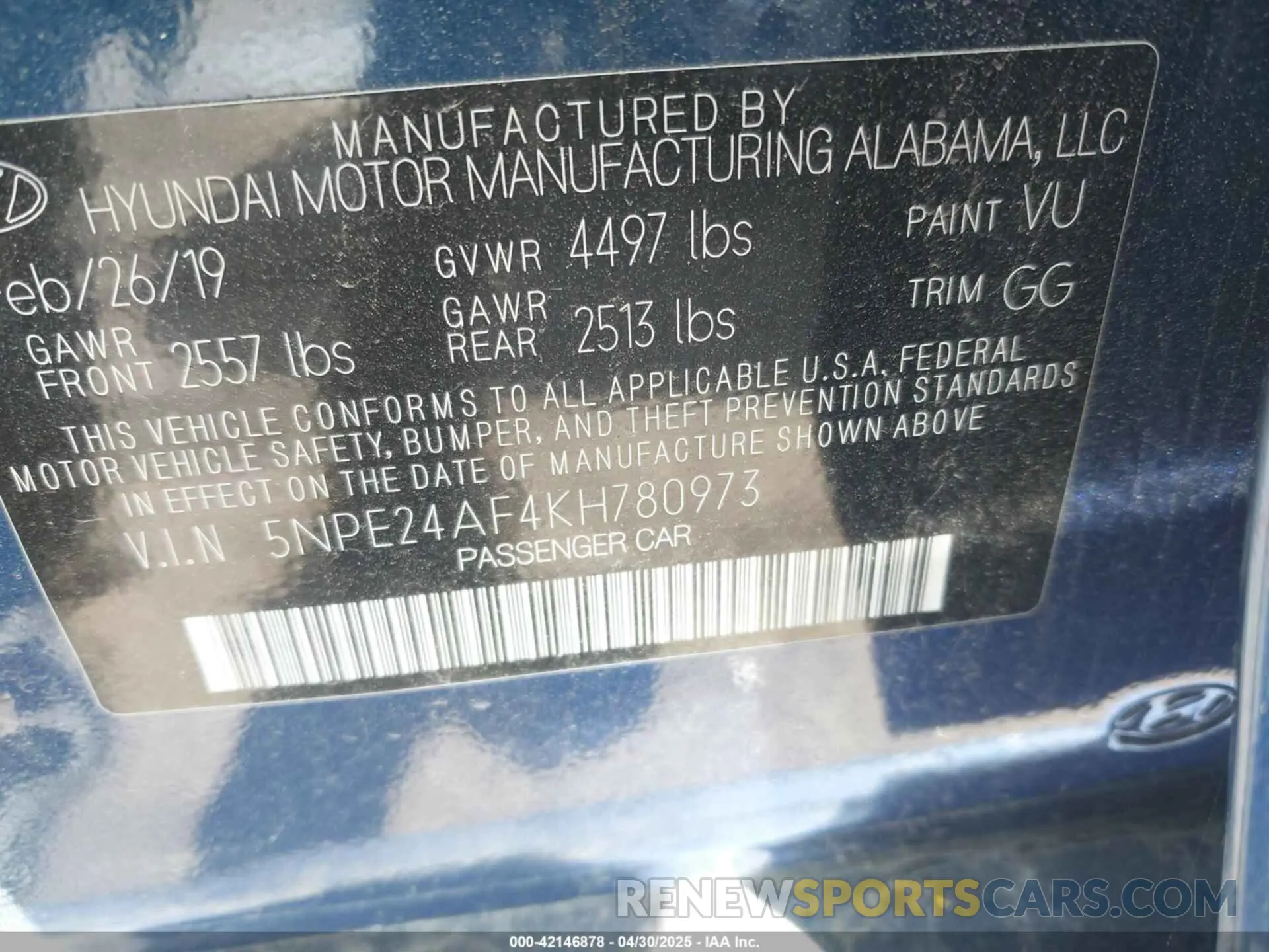 9 Photograph of a damaged car 5NPE24AF4KH780973 HYUNDAI SONATA 2019