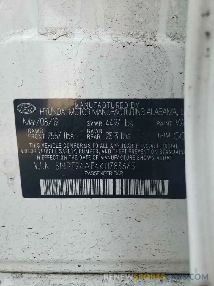 14 Photograph of a damaged car 5NPE24AF4KH783663 HYUNDAI SONATA 2019