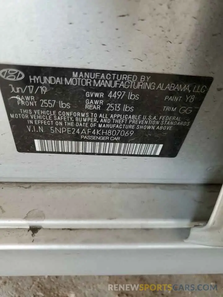 12 Photograph of a damaged car 5NPE24AF4KH807069 HYUNDAI SONATA 2019