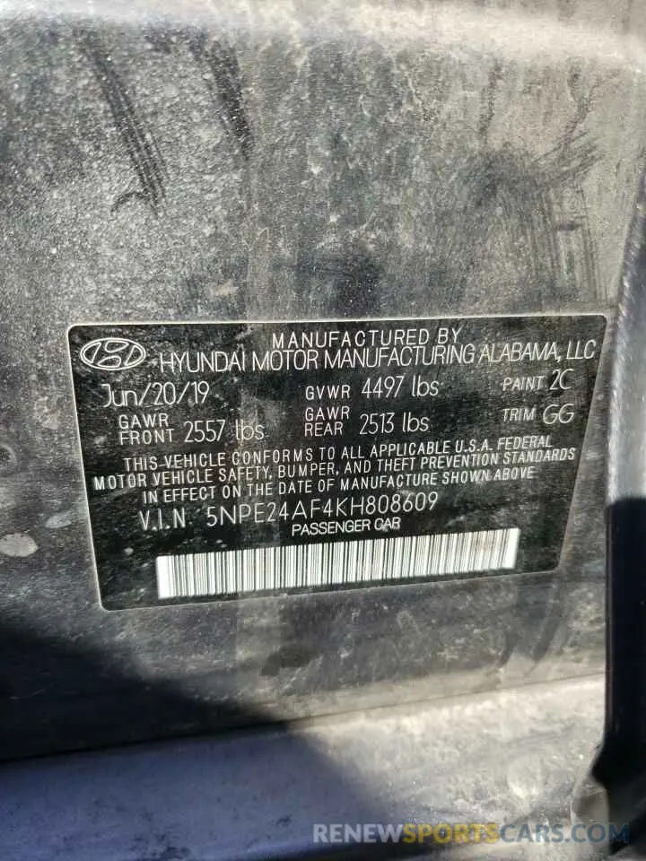 12 Photograph of a damaged car 5NPE24AF4KH808609 HYUNDAI SONATA 2019