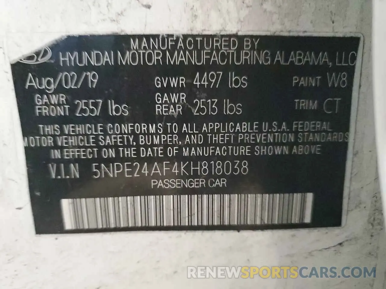 12 Photograph of a damaged car 5NPE24AF4KH818038 HYUNDAI SONATA 2019