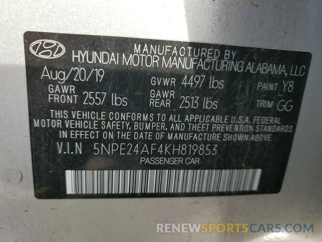 12 Photograph of a damaged car 5NPE24AF4KH819853 HYUNDAI SONATA 2019