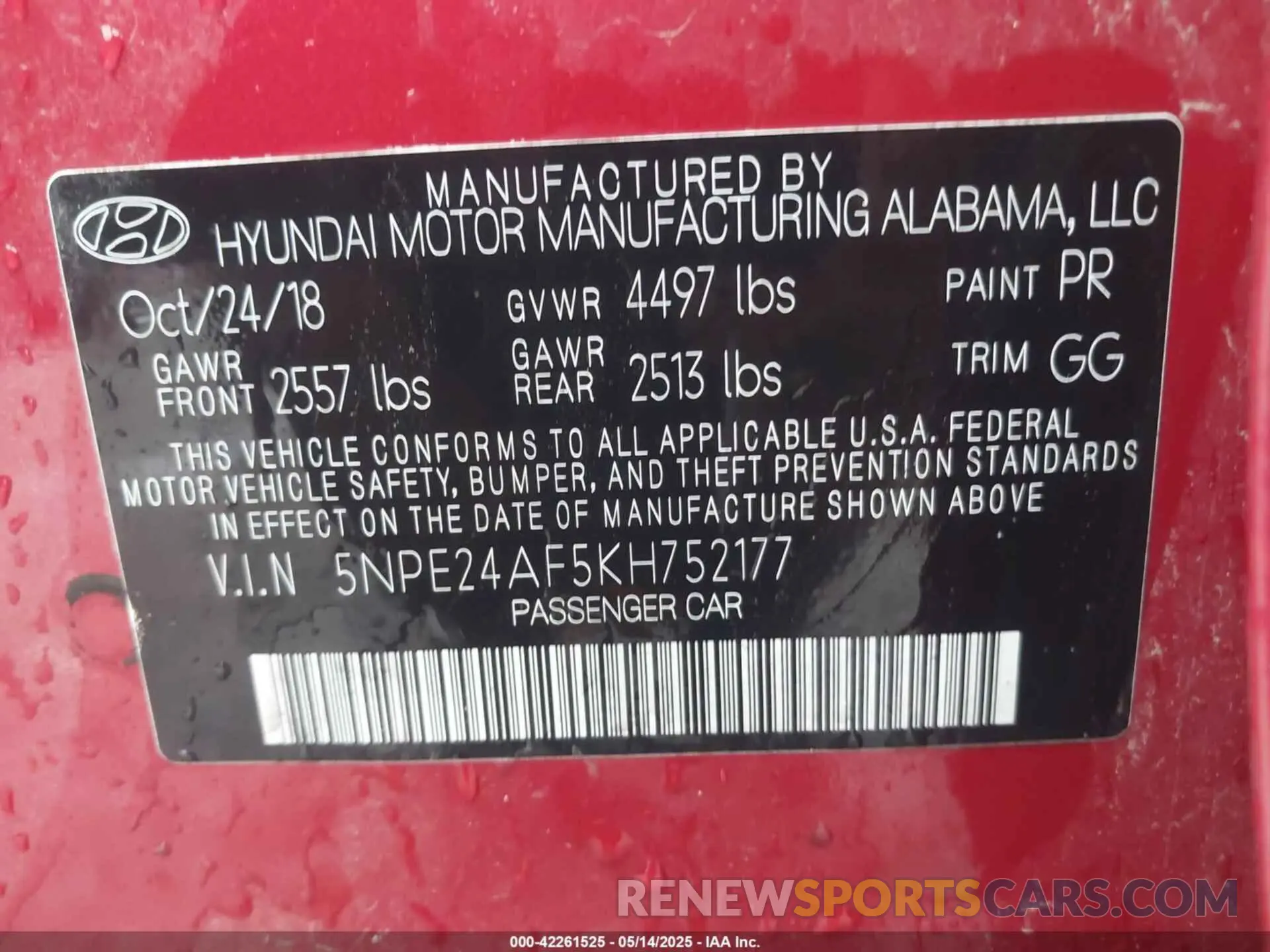 9 Photograph of a damaged car 5NPE24AF5KH752177 HYUNDAI SONATA 2019