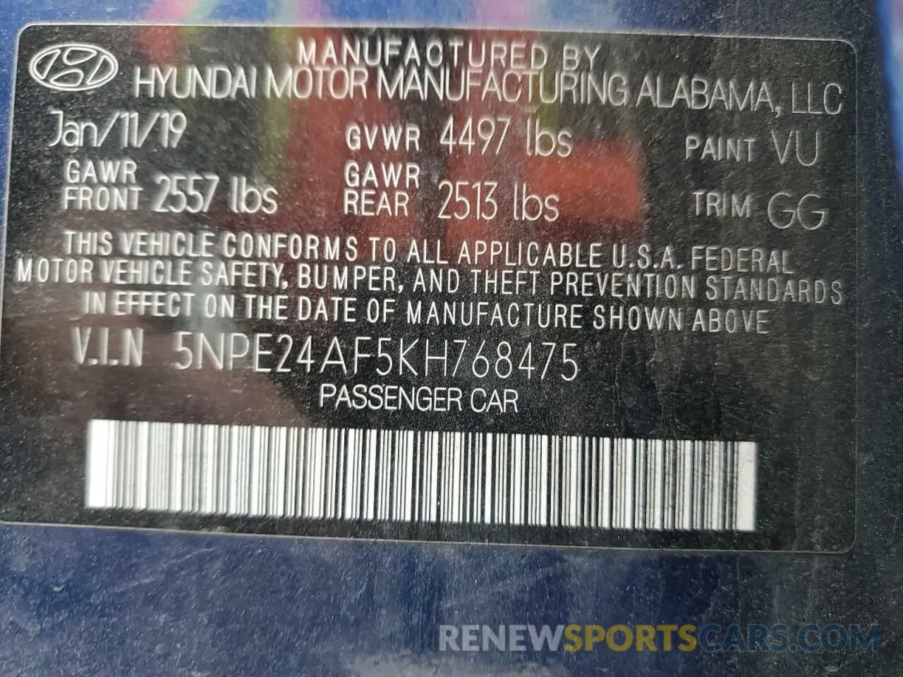 12 Photograph of a damaged car 5NPE24AF5KH768475 HYUNDAI SONATA 2019