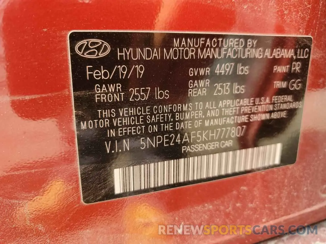 12 Photograph of a damaged car 5NPE24AF5KH777807 HYUNDAI SONATA 2019