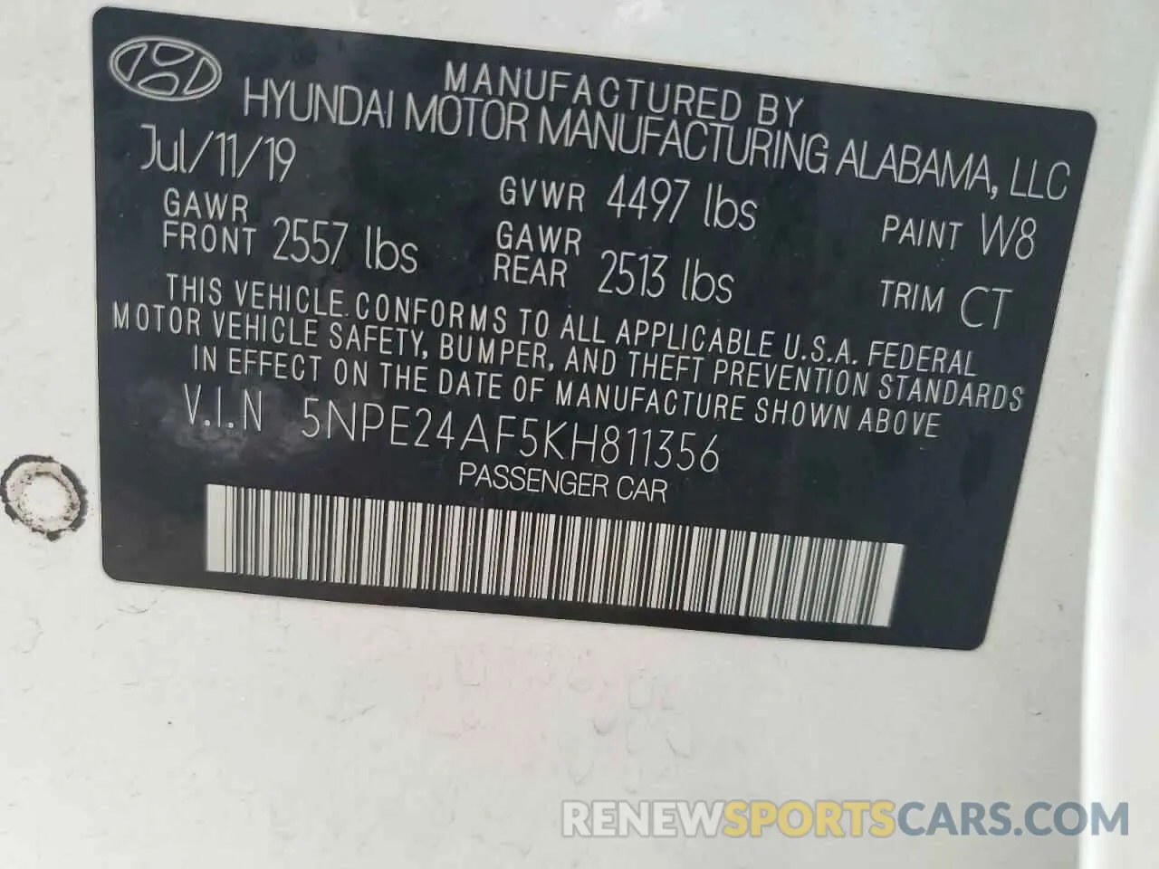 14 Photograph of a damaged car 5NPE24AF5KH811356 HYUNDAI SONATA 2019