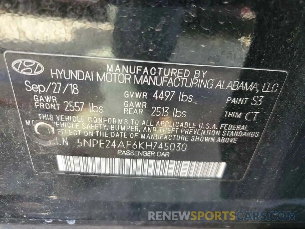 12 Photograph of a damaged car 5NPE24AF6KH745030 HYUNDAI SONATA 2019