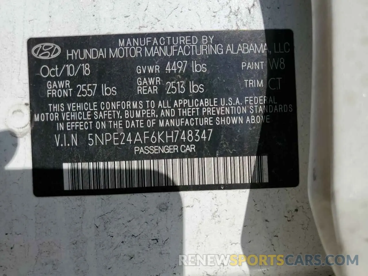 15 Photograph of a damaged car 5NPE24AF6KH748347 HYUNDAI SONATA 2019