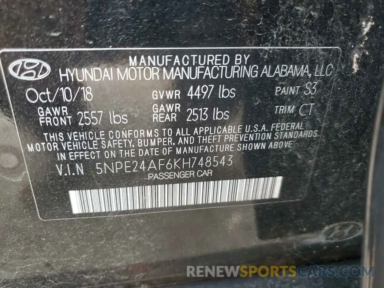 12 Photograph of a damaged car 5NPE24AF6KH748543 HYUNDAI SONATA 2019