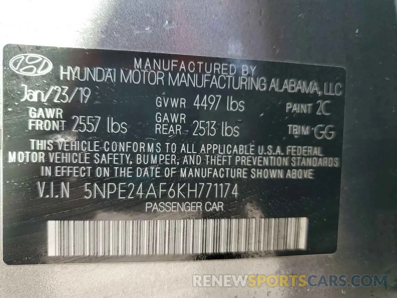 12 Photograph of a damaged car 5NPE24AF6KH771174 HYUNDAI SONATA 2019