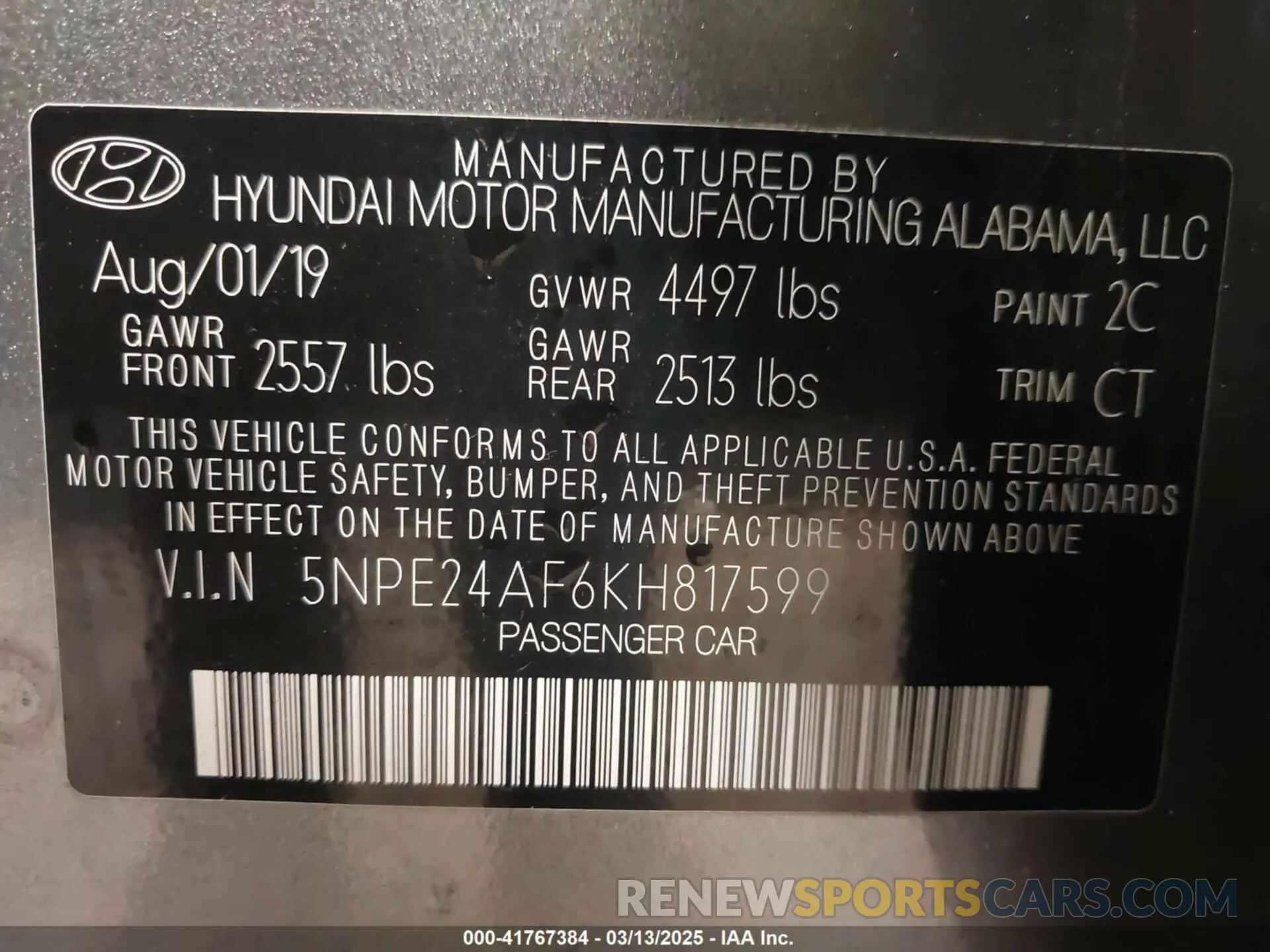 9 Photograph of a damaged car 5NPE24AF6KH817599 HYUNDAI SONATA 2019