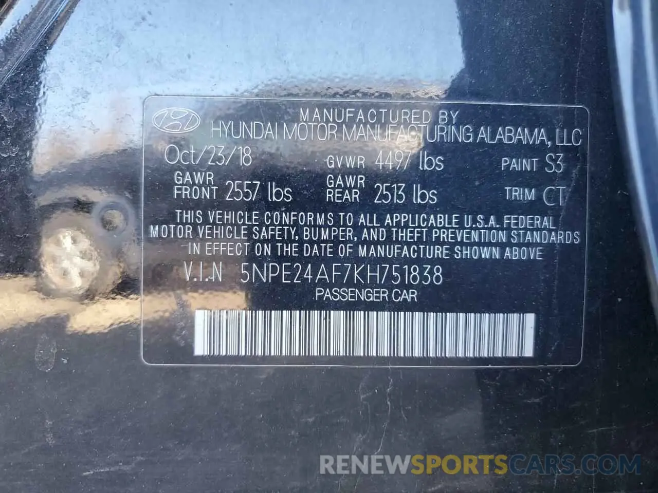 12 Photograph of a damaged car 5NPE24AF7KH751838 HYUNDAI SONATA 2019