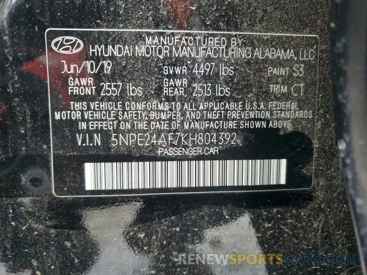 12 Photograph of a damaged car 5NPE24AF7KH804392 HYUNDAI SONATA 2019