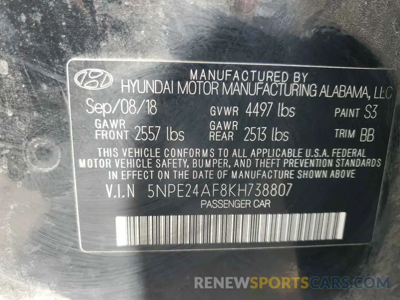 13 Photograph of a damaged car 5NPE24AF8KH738807 HYUNDAI SONATA 2019
