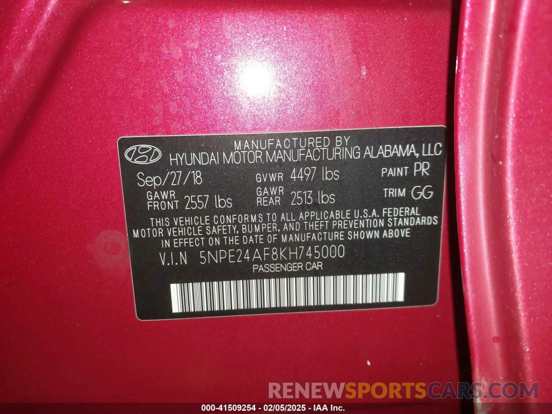 9 Photograph of a damaged car 5NPE24AF8KH745000 HYUNDAI SONATA 2019