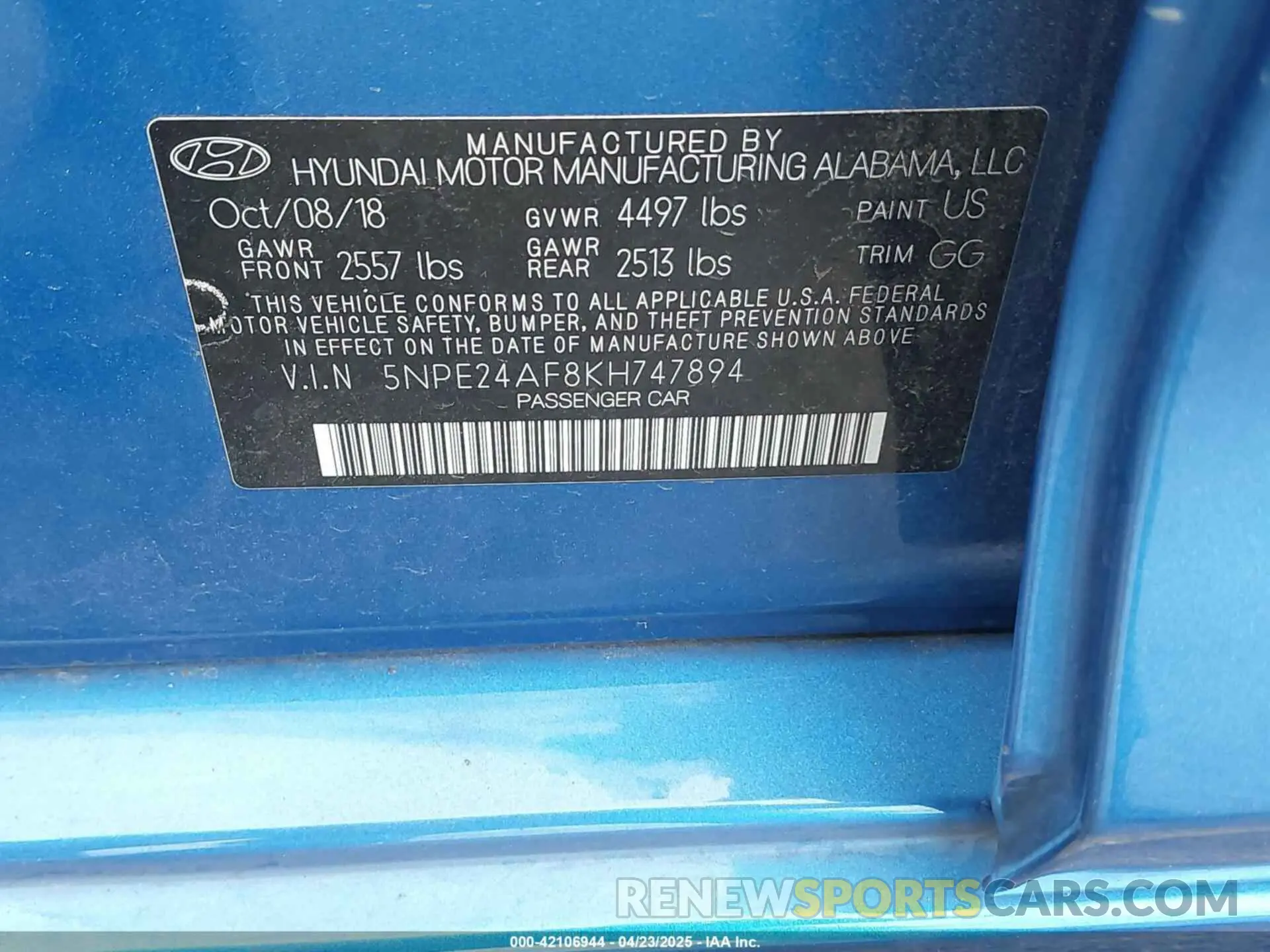 9 Photograph of a damaged car 5NPE24AF8KH747894 HYUNDAI SONATA 2019