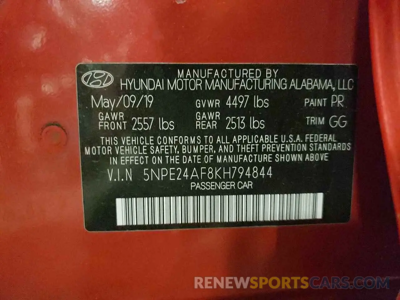 14 Photograph of a damaged car 5NPE24AF8KH794844 HYUNDAI SONATA 2019