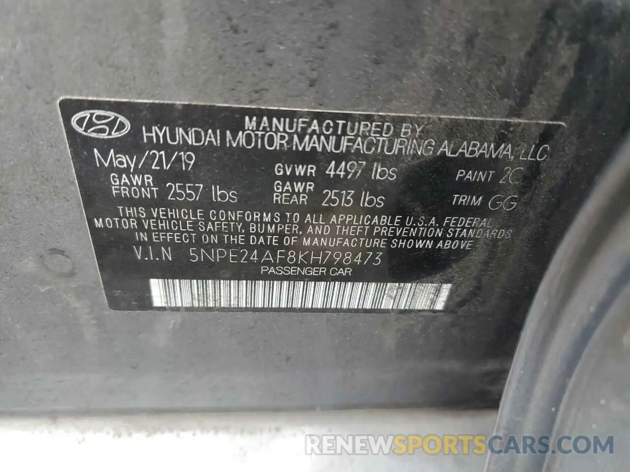 12 Photograph of a damaged car 5NPE24AF8KH798473 HYUNDAI SONATA 2019