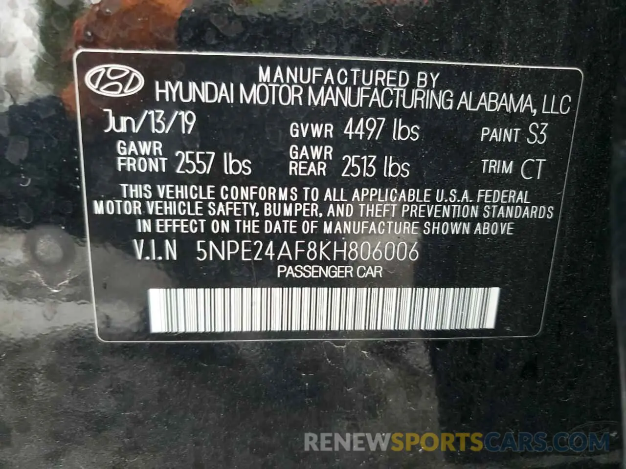12 Photograph of a damaged car 5NPE24AF8KH806006 HYUNDAI SONATA 2019