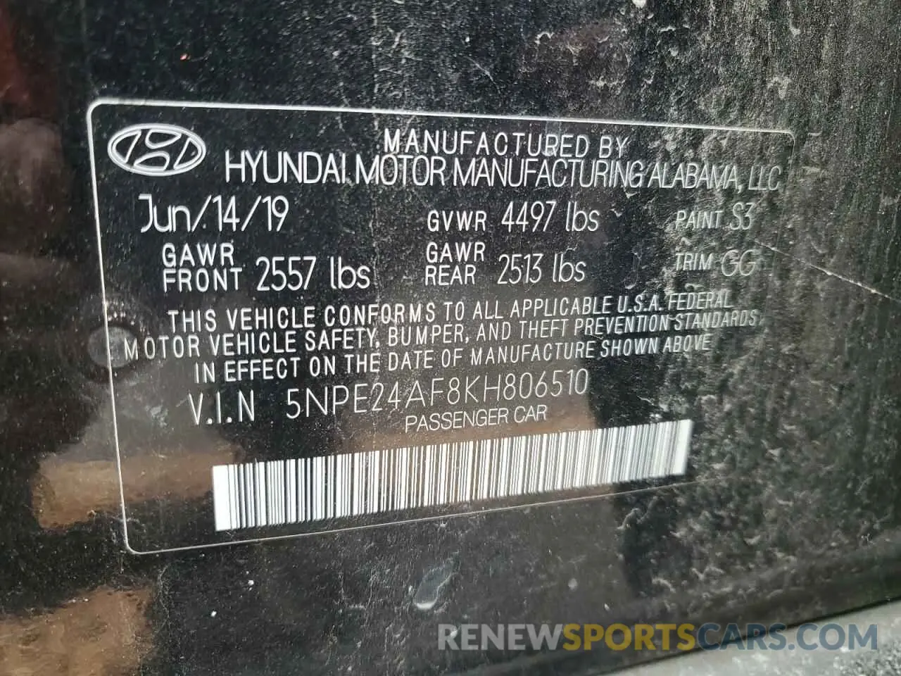 12 Photograph of a damaged car 5NPE24AF8KH806510 HYUNDAI SONATA 2019
