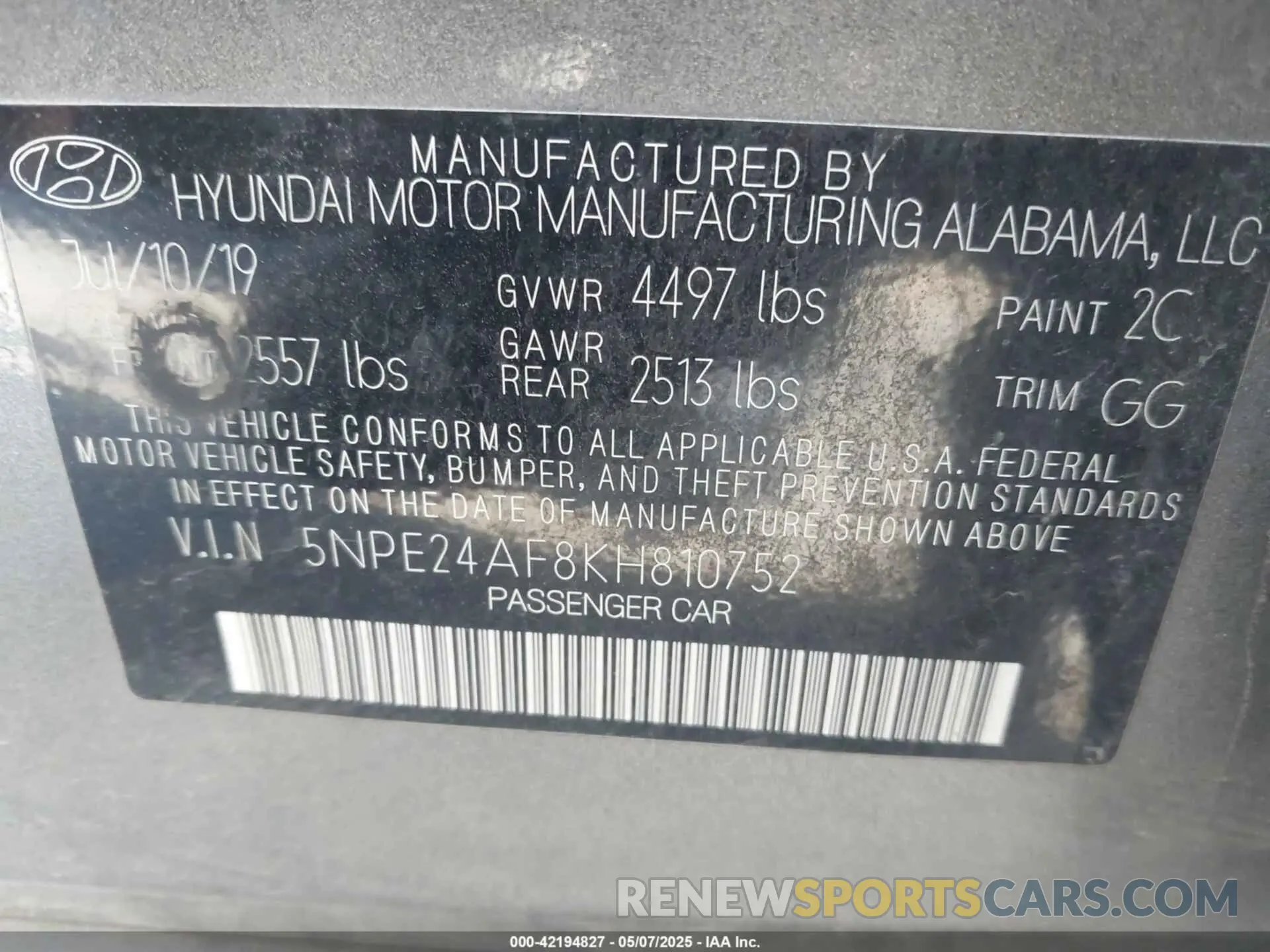 9 Photograph of a damaged car 5NPE24AF8KH810752 HYUNDAI SONATA 2019