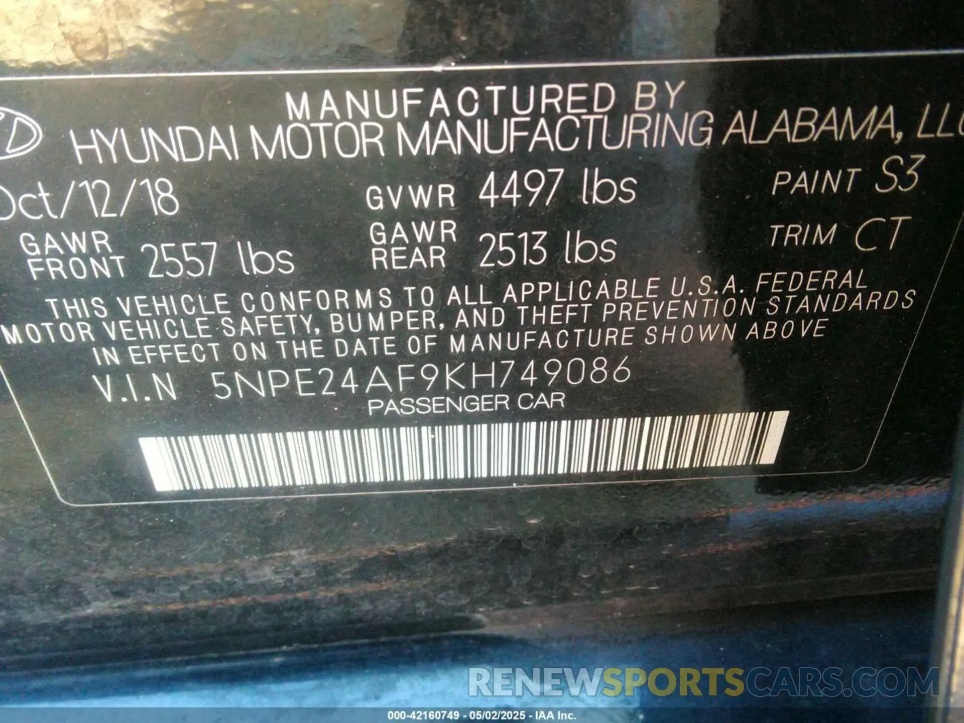 9 Photograph of a damaged car 5NPE24AF9KH749086 HYUNDAI SONATA 2019