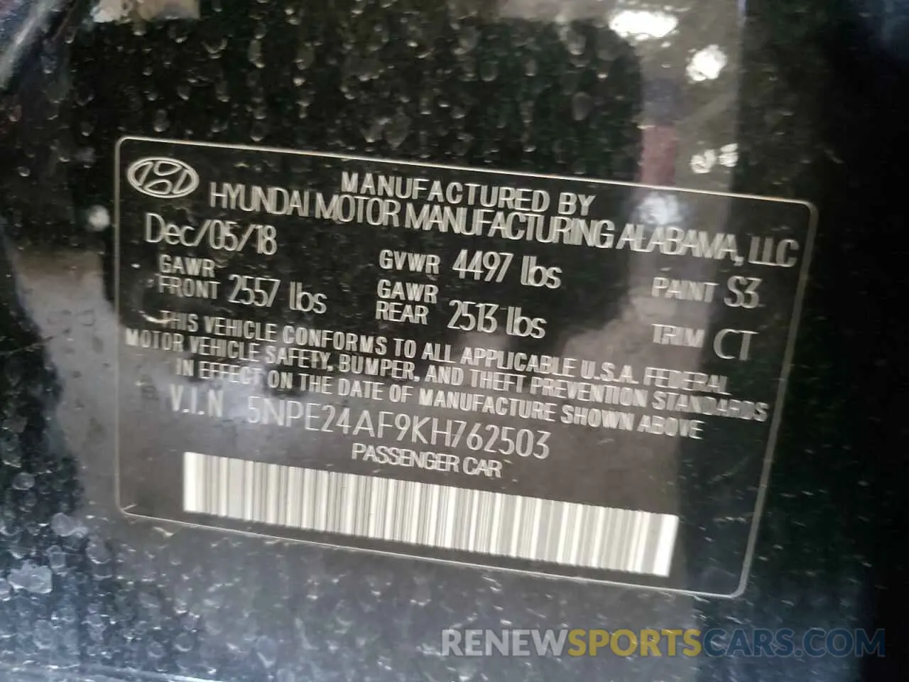 12 Photograph of a damaged car 5NPE24AF9KH762503 HYUNDAI SONATA 2019